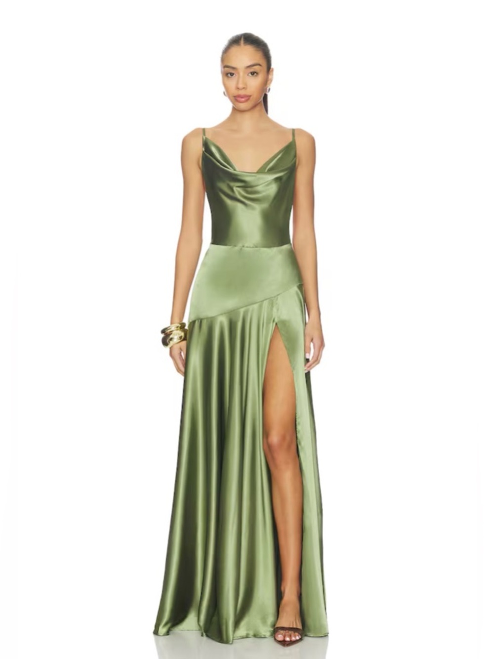 NEW Bronx Banco Leo Sage Maxi Dress, Olive Green Satin Cowl Neck Evening Gown - Picture 2 of 16